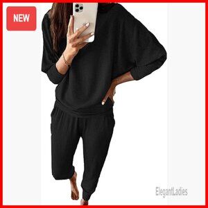 Women's Long Sleeve Ribbed Tracksuit Set, Relaxed Fit, 2-Piece Lounge Outfit